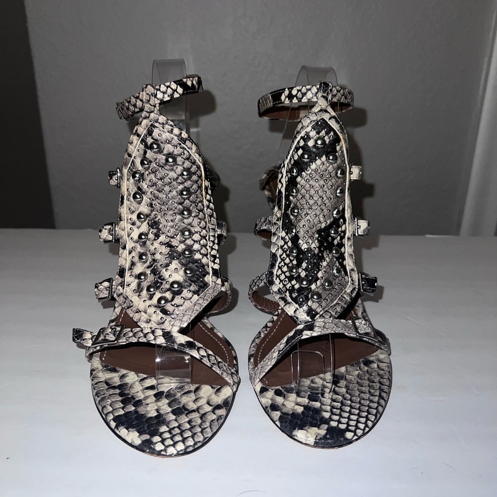 Donald J Pliner Tenasp Leather Snakeskin Strappy Heels - Picture 4 of 12